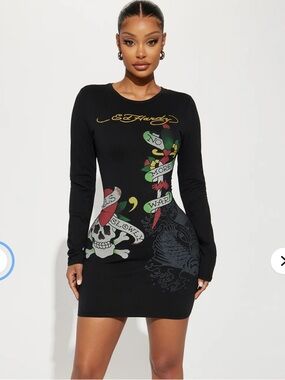 Ed Hardy Skull Long Sleeve T-shirt mini Dress size large black Y2K retro